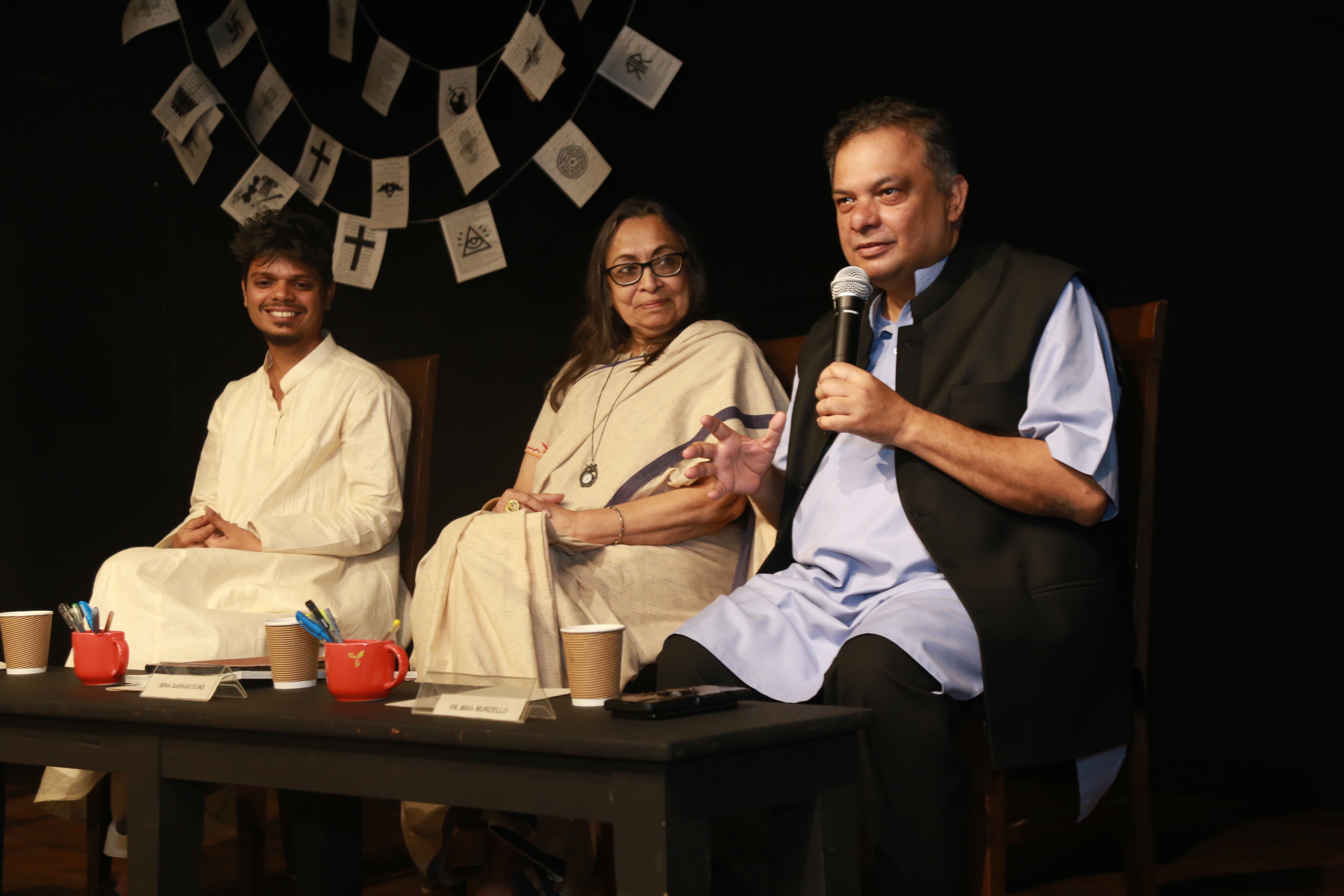 (Religion and Beyond Conclave): Convenor, Dr. Omkar Bhatkar (far left), in session with Bina Sarkar Ellias and Fr. Magi Murzello at St. Anthony’s Centre for Philosophy and the Performing Arts. Photo courtesy: Omkar Bhatkar