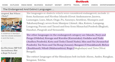 Basak, Shreya 2022 The endangered and extinct languages of India. Outlook. UPDATED: 05 MAY 2022 10:53 AM. https://www.outlookindia.com/national/the-endangered-and-extinct-languages-of-india-news-194995