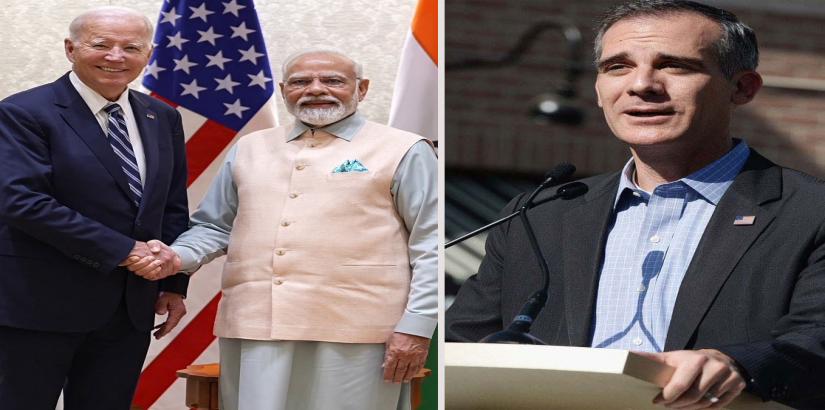 Left: US President Biden and Indian prime minister Modi, Right: US ambassador Eric Garcetti