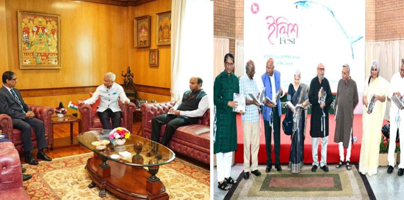 Left: Outgoing Bangladesh High Commissioner Riaz Hamidullah makes a farewell call on Indian External Affairs Minister S Jaishankar and Right: Release of coffee-table book Ilish:The Fish at the Bangladeshi High Commission