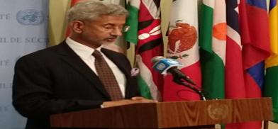 India's External Affairs Minister S. Jaishankar speaks to reporters outside the United Nations Security Council chamber on Thursday, August 19, 2021. (Photo: Arul Louis)