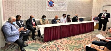 Photo: Panelists at the session with GOPIO-CT officials, from l. to r.: GOPIO-CT President Ashok Nichani, Prasad Chintalapudi, Sid Jain. Sunita Menon, Pradeep Govil, Anand Chavan, Ramya Subramanian, Prof. Rajasekhar Vangapaty and Dr. Thomas Abraham