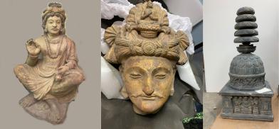 Pictured (from left to right): Stucco Bodhisattva, Gilded Schist Head of Bodhisattva, and Schist Reliquary Casket. Pictured (from left to right): Stucco Bodhisattva, Gilded Schist Head of Bodhisattva, and Schist Reliquary Casket.
