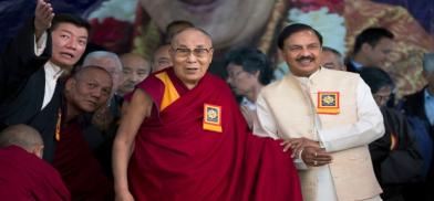 Tibetan spiritual leader the Dalai Lama holds hand with junior Indian Minister for Culture and Tourism Mahesh Sharma, with prime minister of the self-declared Tibetan government-in-exile Lobsang Sangay (Photo: Twitter) Tibetan spiritual leader the Dalai Lama holds hand with junior Indian Minister for Culture and Tourism Mahesh Sharma, with prime minister of the self-declared Tibetan government-in-exile Lobsang Sangay (Photo: Twitter)