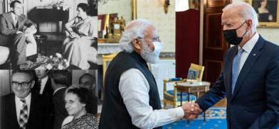 (Top Left)Prime Minister Indira Gandhi and President Richard Nixon at the White House on November 4, 1971. (Photo: Nixon Library) (Bottom Left) Prime Minister Indira Gandhi and US Secretary of State Henry Kissinger in New Delhi on October 24, 1974. (Photo: Library of Congress) (Right) Prime Minister Narendra Modi and President Joe Biden at the White House on September 24, 2021. (Photo: White House)