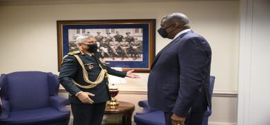 India's Chief of Defence Staff Bipin Rawat, left, meets with united States Defence Secretary Lloyd Austin in Washington on September 30, 2021. (Photo: Dept. of Defence) India's Chief of Defence Staff Bipin Rawat, left, meets with united States Defence Secretary Lloyd Austin in Washington on September 30, 2021. (Photo: Dept. of Defence)
