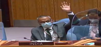 India's Deputy Permanent Representative R Ravindra raises his hand at the United Nations Security Council on Wednesday, March 23, 2022, to vote to abstain on a resolution proposed by Russia on the humanitarian situation in Ukraine. (Photo: UN) India's Deputy Permanent Representative R Ravindra raises his hand at the United Nations Security Council on Wednesday, March 23, 2022, to vote to abstain on a resolution proposed by Russia on the humanitarian situation in Ukraine. (Photo: UN)
