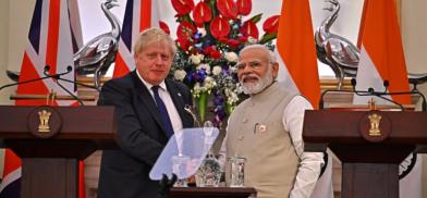 British Prime Minister Boris Johnson and Prime minister of India Narendra Modi at Hyderabad House. Photo: dpa