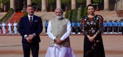 Danish PM Mette Frederiksen (R) with PM Narendra Modi (C) at the Rashtrapati Bhavan. (Photo: Twitter/ @MEAIndia) Danish PM Mette Frederiksen (R) with PM Narendra Modi (C) at the Rashtrapati Bhavan. (Photo: Twitter/ @MEAIndia)
