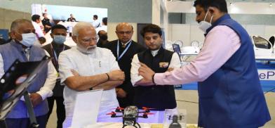 Prime Minister Narendra Modi at the Bharat Drone Mahotsav at Pragati Maidan, in New Delhi. (Photo: PIB)