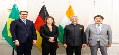 Ministers from the G4 group meeting in New York on Thursday, September 22, 2022, are from left, Carlos França from Brazil, Annalena Baerbock from Germany, S. Jaishankar from India and Yoshimasa Hayashi from Japan. (Photo Source: Jaishankar’s tweet) Ministers from the G4 group meeting in New York on Thursday, September 22, 2022, are from left, Carlos França from Brazil, Annalena Baerbock from Germany, S. Jaishankar from India and Yoshimasa Hayashi from Japan. (Photo Source: Jaishankar’s tweet)