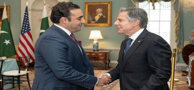 United States Secretary of State Antony Blinken greets Pakistan Foreign Minister Bilawal Bhutto Zardari in Washington on Monday, September 26, 2022. (Photo: State Dept/IANS)