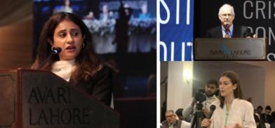 (Left)Lawyer Sulema Jahangir, daughter of late Asma Jahangir moderating a session in AJCONF2022. (Right top) Steven Butler of the Committee to Protect Journalists addressing a session in AJCONF2022. (Right bottom) Audience member asking a question during a session. Photo credit: VoicePk.net (Left)Lawyer Sulema Jahangir, daughter of late Asma Jahangir moderating a session in AJCONF2022. (Right top) Steven Butler of the Committee to Protect Journalists addressing a session in AJCONF2022. (Right bottom) Audience member asking a question during a session. Photo credit: VoicePk.net