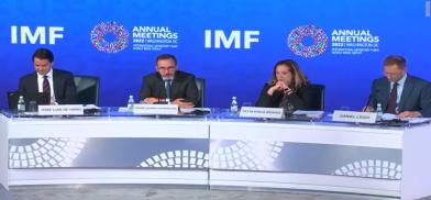 International Monetary Fund’s chief economist Pierre-Olivier Gourinchas, second from left, and Daniel Leigh, the head of the World Economic Studies Division, right, at the news conference to release the World Economic Outlook report in Washington on Tuesday, October 11, 2022. (Photo Source: IMF) International Monetary Fund’s chief economist Pierre-Olivier Gourinchas, second from left, and Daniel Leigh, the head of the World Economic Studies Division, right, at the news conference to release the World Economic Outlook report in Washington on Tuesday, October 11, 2022. (Photo Source: IMF)