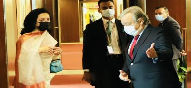 India’s Permanent Representative Ruchira Kamboj met with Secretary-General Antonio Guterres as she prepared to take over the presidency of the United Nations Security Council on Tuesday. (Photo Source: India Mission)