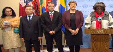 India’s Permanent Representative Ruchira Kamboj, left, on Monday, November 21, 22, joined counterparts from nine countries including Linda Thomas-Greenfield of the United States, right, and Barbara Woodward of Britain, second from right, to denounce North Korea’s ballistic missile tests. (Photo Source: UN)