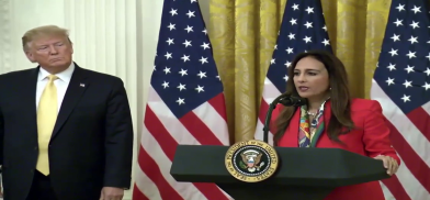 Harmeet Dhillon seen with former President Donald Trump at the White House in 2019 is seeking the presidency of the Republican Party. (Photo: Wikimedia)