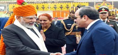 Prime Minister Narendra Modi with chief guest Egyptian President Abdel Fattah El-Sisi during the 74th Republic Day parade at the Kartavya Path in New Delhi