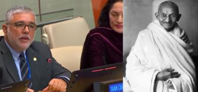 Dean and Professor at University of Peace, Jaun Carlos Sainz-Borgo, speaks at the routable on Gandhian Trusteeship at the United Nations on Thursday, February 23, 2023. India’s Permanent Representative Ruchira Kamboj is at right. (Photo Source: UN)