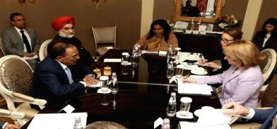 India’s National Security Adviser Ajit Doval, left, meets with US Deputy Defence Secretary Kathleen Hicks, at right, in Washington on Tuesday, January 31, 2023. India’s Ambassador Taranjit Singh Sandhu is next to Doval. (Photo Source: Indian Embassy Tweet) India’s National Security Adviser Ajit Doval, left, meets with US Deputy Defence Secretary Kathleen Hicks, at right, in Washington on Tuesday, January 31, 2023. India’s Ambassador Taranjit Singh Sandhu is next to Doval. (Photo Source: Indian Embassy Tweet)