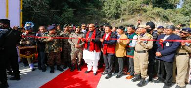 Glimpses of Raksha Mantri Shri Rajnath Singh dedicating to the nation 28 infrastructure projects of Border Roads Organisation (BRO), worth Rs 724 crore, during an event organised at Siyom Bridge on Along-Yinkiong Road in Arunachal Pradesh on January 03, 2023.