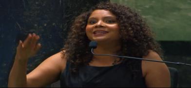 Washington Post Columnist Rana Ayub speaks at the 30th Anniversary of the World Press Freedom Day Global Conference at the United Nations on Tuesday, May 2, 2023. (Photo Source: UN)