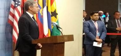 United States Secretary of State Antony Blinken speaks to reports at the United Nations on Thursday, August 3, 2023. State Department’s Principal Deputy Spokesperson Vedant Patel is at right. (Photo: Arul Louis) 