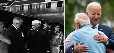 US President Harry S. Truman greets Jawaharlal Nehru on his arrival in the US for a visit, with Vijayalakshmi Pandit at left and Indira Gandhi at right (Photo Source: Truman Library) 