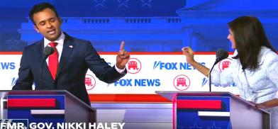 Vivek Ramaswamy and Nikki Haley face off during the Republican presidential nomination candidates debate on Wednesday, August 23, 2023, in Milwaukee. (Photo courtesy of Fox News)