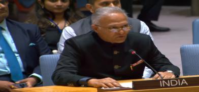 Sanjay Verma, Secretary (West) in India’s External Affairs Ministry, speaks at the United Nations Security Council meeting on Ukraine on Thursday, September 21, 2023. (Photo: UN)