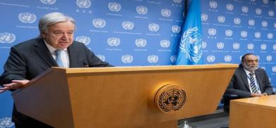 United Nations Secretary-General Antonio Guterres speaks at the launch of the Advisory Panel on Artificial Intelligence on Thursday, October 26, 2023, at the United Nations. His envoy on technology Amandeep Singh Gill is at right. (Photo: UN) United Nations Secretary-General Antonio Guterres speaks at the launch of the Advisory Panel on Artificial Intelligence on Thursday, October 26, 2023, at the United Nations. His envoy on technology Amandeep Singh Gill is at right. (Photo: UN)