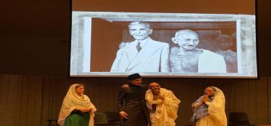 L-R: Sujata Avasthi as Fatima Jinnah, Farhan Bhaba as Muhammad Ali Jinnah, Sri Mirajkar as Mahatma Gandhi, Nisha Narayan as Kasturba Gandhi. Photo by Rohan Singh L-R: Sujata Avasthi as Fatima Jinnah, Farhan Bhaba as Muhammad Ali Jinnah, Sri Mirajkar as Mahatma Gandhi, Nisha Narayan as Kasturba Gandhi. Photo by Rohan Singh