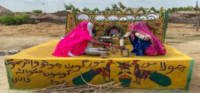 Village near Tando Allah Yar: An economy stove station, made and painted by women trained by the Heritage Foundation of Pakistan. Photo by Emmanuel Guddu Village near Tando Allah Yar: An economy stove station, made and painted by women trained by the Heritage Foundation of Pakistan. Photo by Emmanuel Guddu