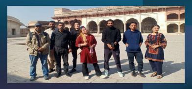 Lahore Fort (right to left): Subista Kayastha and Kunjan Tamang from Nepal; Mir Musavir from Kashmir, India; Yeshi and Dorji from Bhutan; driver Siddiq Saheb, Dhanuska from Sri Lanka. Photo via Salima Hashmi.