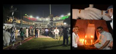 Pakistani and Indian peacemongers on either side of the Wagah border - Pakistanis at Zero Point and Indians at Friendship Memorial. Photos by Beena Sarwar and Abishek Mishra