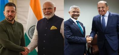 Prime Minister Narendra Modi with Ukraine’s President Volodymyr Zelensky and Indian External Affairs Minister S Jaishankar with Russia’s Foreign Minister Sergey Lavrov