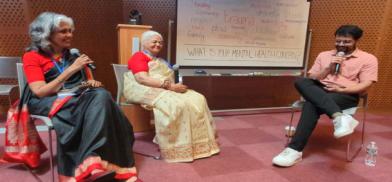 Intergenerational panel at the ‘Storytelling for healing’ segment: (L-R) Beena Sarwar with her mother Prof. Zakia Sarwar and moderator Furqan Sayeed, a former volunteer editor at Sapan News. Photo by Pragyan Srivastava.