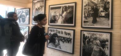 Visitors observing Delhi-based photographer Sheba Chhachi’s artworks at Feminist Futures: Art, Activism, and South Asian Womanhood, curated by Dr. Arshiya Lokhandwala from Mumbai at Taragaon Next, Kathmandu, January 2025. Photo by Abishek Budhathoki