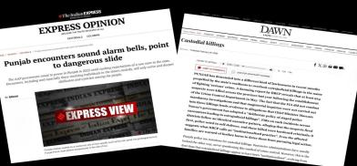 Newspapers featuring Indian Express and Dawn editorials on the violence in the two Punjabs.