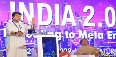 Union Civil Aviation Minister Jyotiraditya Scindia speaks as Bangladesh Education Minister Dipu Moni looks on, during the second day of 7th India Ideas Conclave India 2.0: Rebooting to Meta Era, in Bengaluru