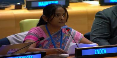 R Mythili, the legal officer at India’s UN Mission, speaks at a session on “Measures to Eliminate International Terrorism” at the Sixth Committee of the General Assembly, which deals with legal matters, on Thursday, October 3, 2024. (Photo Source: UN)