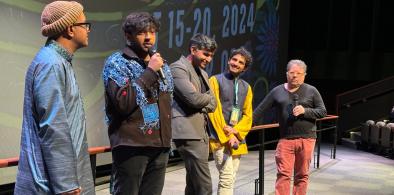 ﻿﻿‘Blue Boy’ writer Rakesh Satyal and producer Nik Dodani and ‘Nice Indian Boy’ director Roshan Sethi, actor Karan Soni, and discussion moderator Warren Etheredge. Photo by Beena Sarwar