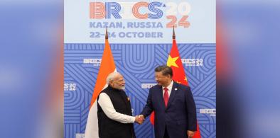 Prime Minister Narendra Modi and Chinese President Xi Jinping meeting during the BRICS Summit at Kazan, Russia