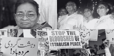(Clockwise from top left) Social activist Nirmala Deshpande; Kuldip Nayar, Nandita Das, Asma Jahangir at Wagah border; snapshots from peace demonstrations in Mumbai and Lahore. File photos; collage by Pragyan Srivastava.