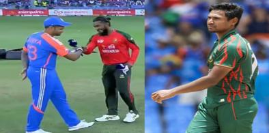 India-Bangladesh cricket captains shaking hands and bowler Mustafizur Rahman