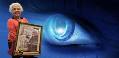 Scientist Tayyaba Hasan holding a photo collage of students created by scientist Dr. Brian Pogue (photo by Beena Sarwar); her pioneering work in the photodynamic treatment of age-related macular degeneration has benefitted millions.