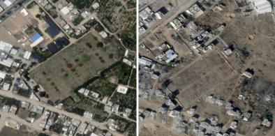 A before-and-after aerial view of the Gaza War Cemetery in Gaza City. Photos: Canadian Broadcast Corporation news report.