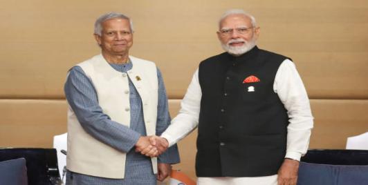 India's Prime Minister Narendra Modi meets Bangladesh's interim government head Muhammad Yunus