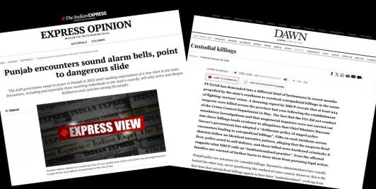 Newspapers featuring Indian Express and Dawn editorials on the violence in the two Punjabs.
