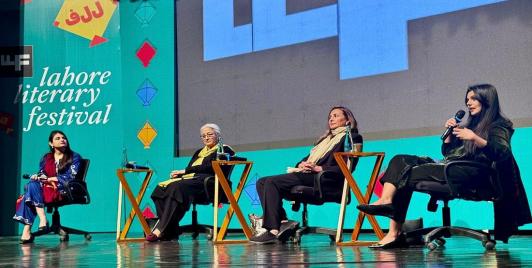 Woman power: Panel on Women, Law and the the Price of Dissent in Pakistan, (L-R) Rida Hosein moderating, with activist Khawar Mumtaz and lawyers Asma Hamid and Reema Omar, Lahore Lit Fest., 2026.